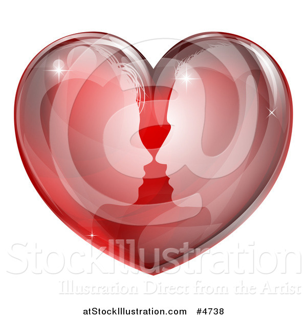 Vector Illustration of a Silhouetted Profiled Couple About to Kiss in a Reflective Red Heart