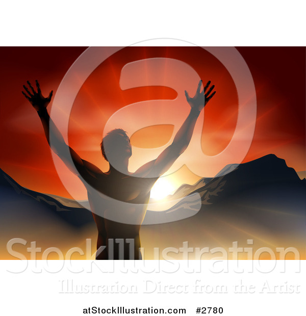 Vector Illustration of a Silhouetted Religious Man Holding His Arms up with Rays and Mountains