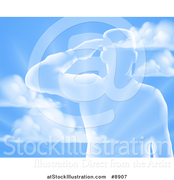 Vector Illustration of a Silhouetted Saluting Soldier over a Blue Sky and Ray Background