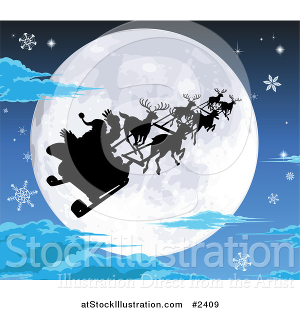 Vector Illustration of a Silhouetted Santa Sled and Reindeer Against a Full Moon on a Snowy Christmas Eve