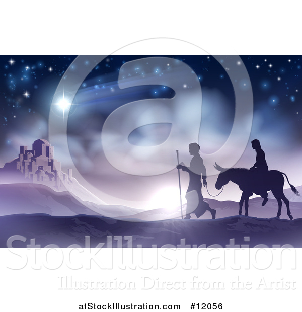 Vector Illustration of a Silhouetted Scene of Mary and Joseph on Their Jouney