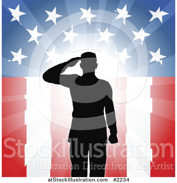 Vector Illustration of a Silhouetted Soldier Saluting over American Flag