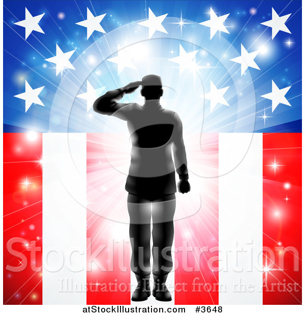 Vector Illustration of a Silhouetted Soldier Saluting over Fireworks and an American Flag