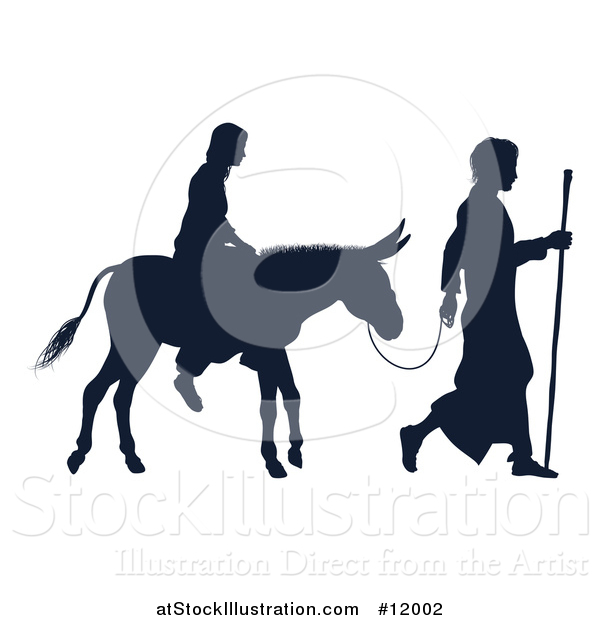 Vector Illustration of a Silhouetted Virgin Mary on a Donkey and Joseph