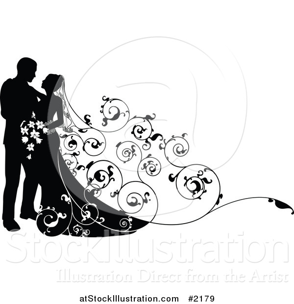 Vector Illustration of a Silhouetted Wedding Couple with a Floral Train