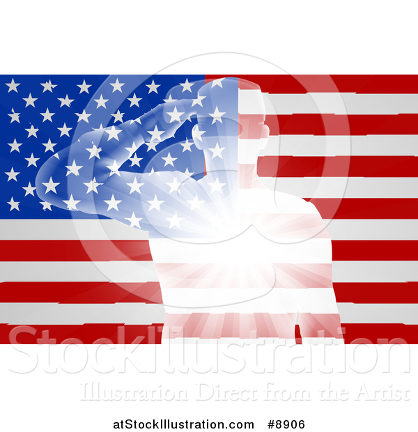 Vector Illustration of a Silhouetted White Light Saluting Soldier over an American Flag with Rays