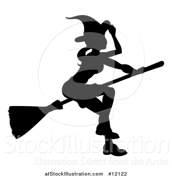 Vector Illustration of a Silhouetted Witch Tipping Her Hat and Flying on a Broomstick