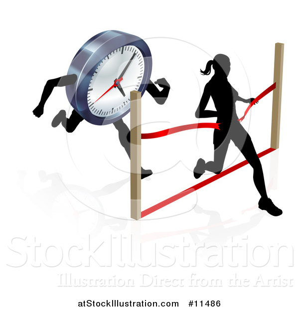 Vector Illustration of a Silhouetted Woman Racing Against the Clock, Running Through a Finish Line