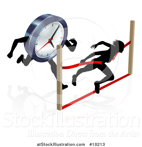 Vector Illustration of a Silhouetted Woman Racing Against the Clock, Sprinting Through a Finish Line