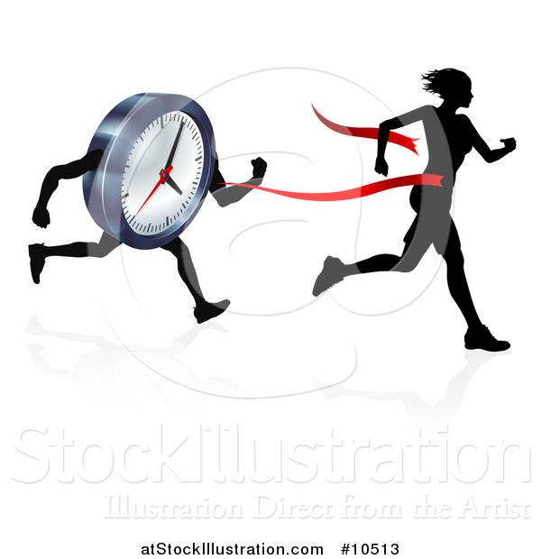 Vector Illustration of a Silhouetted Woman Running Through a Finish Line Before a Clock Character