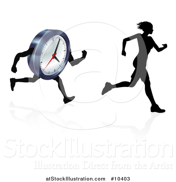 Vector Illustration of a Silhouetted Woman Sprinting Before a Clock Character