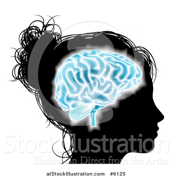 Vector Illustration of a Silhouetted Woman's Head with a Glowing Blue Brain