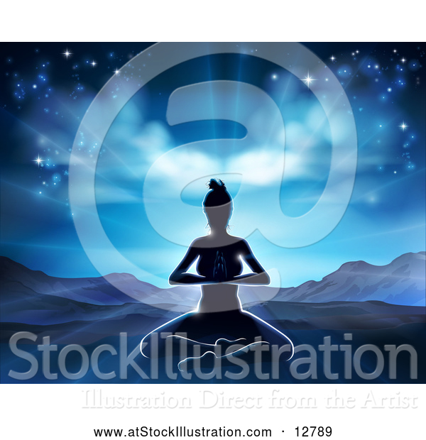 Vector Illustration of a Silhouetted Yoga Woman in a Beautiful Mountainous Sunrise Scene