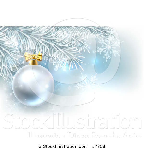Vector Illustration of a Silver Christmas Bauble Ornament on a Tree over Blue and Snowflakes