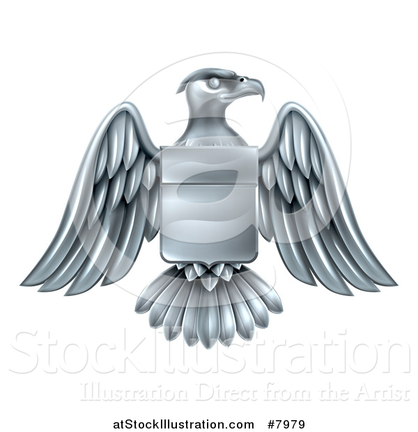 Vector Illustration of a Silver Heraldic Coat of Arms American Bald Eagle with a Shield