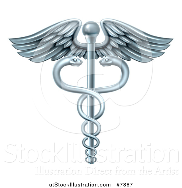 Vector Illustration of a Silver Medical Caduceus with Snakes on a Winged Rod