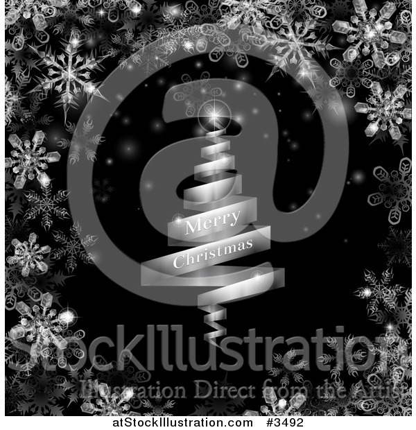 Vector Illustration of a Silver Merry Christmas Ribbon Tree on Black with Snowflakes