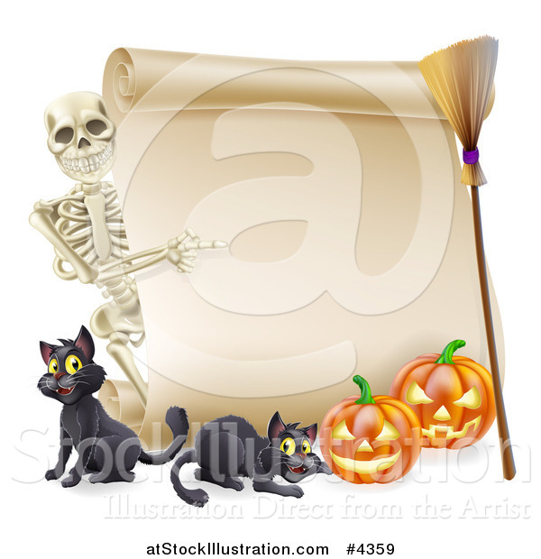 Vector Illustration of a Skeleton Pointing to a Halloween Scroll Sign with Black Cats a Broomstick and Pumpkins