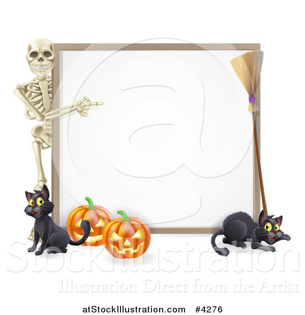 Vector Illustration of a Skeleton Pointing to a Halloween Sign with Black Cats a Broomstick and Pumpkins