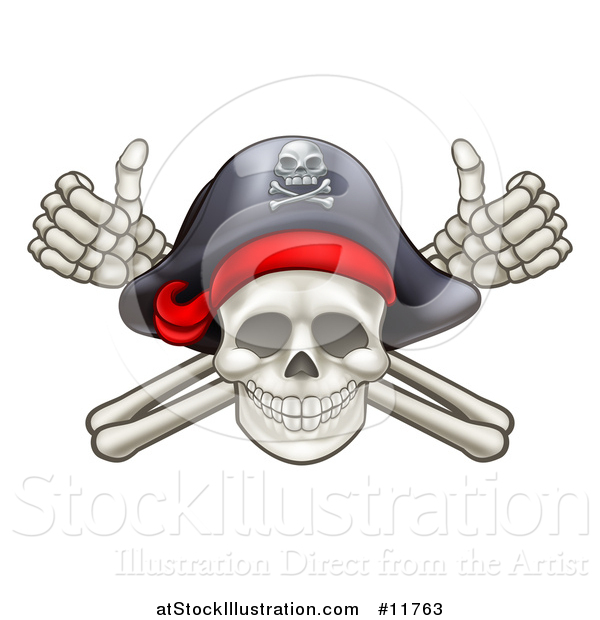 Vector Illustration of a Skull and Crossbones Jolly Roger with a Pirate Hat and Thumbs up