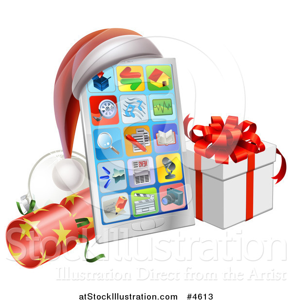 Vector Illustration of a Smart Phone with a Santa Hat, Christmas Cracker and Gift Box