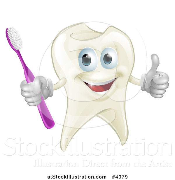 Vector Illustration of a Smiling Happy Tooth Mascot Holding a Thumb up and Toothbrush
