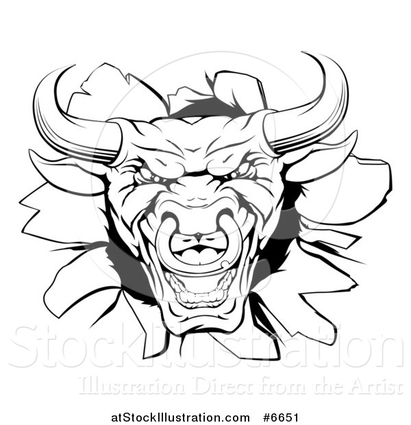 Vector Illustration of a Snarling Aggressive Black and White Bull Breaking Through a Wall