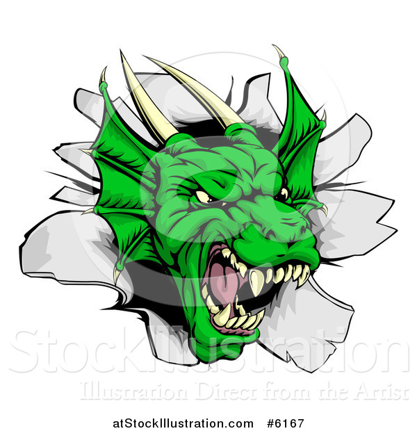 Vector Illustration of a Snarling Fierce Green Dragon Mascot Head Breaking Through a Wall