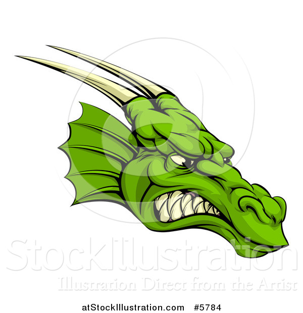 Vector Illustration of a Snarling Green Horned Dragon Face