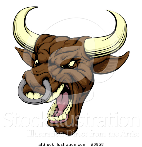 Vector Illustration of a Snarling Vicious Mad Brown Bull Mascot Head