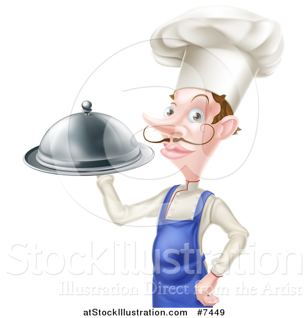 Vector Illustration of a Snooty White Male Chef with a Curling Mustache Holding a Cloche Platter, Facing Left