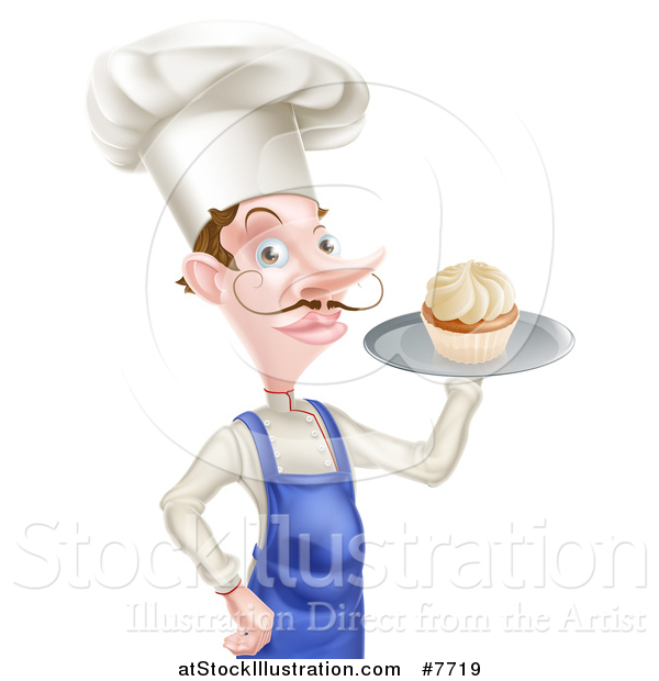 Vector Illustration of a Snooty White Male Chef with a Curling Mustache, Holding a Cupcake on a Tray