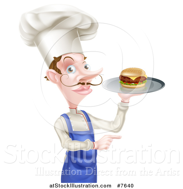 Vector Illustration of a Snooty White Male Chef with a Curling Mustache, Holding a Gourmet Cheeseburger on a Tray and Pointing