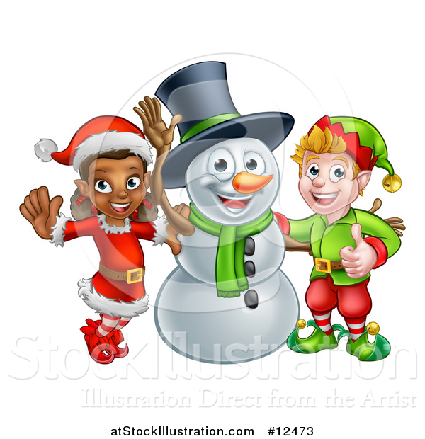 Vector Illustration of a Snowman Waving with Two Christmas Elves