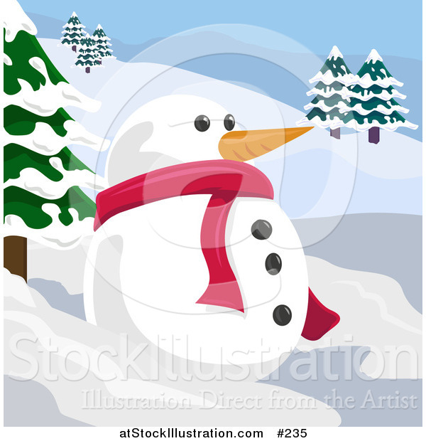 Vector Illustration of a Snowman with a Carrot Nose in a Winter Landscape