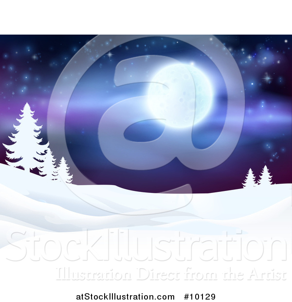 Vector Illustration of a Snowy Winter Landscape with Silhouetted Evergreen Trees and a Full Moon in a Starry Sky