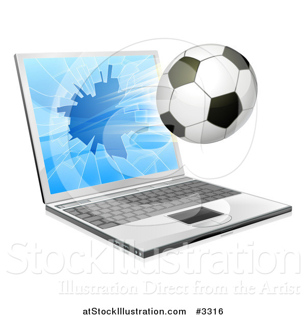 Vector Illustration of a Soccer Ball Flying Through and Shattering a 3d Laptop Screen