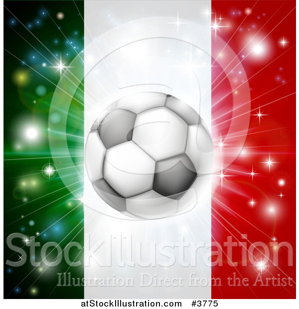 Vector Illustration of a Soccer Ball over a Italy Flag with Fireworks