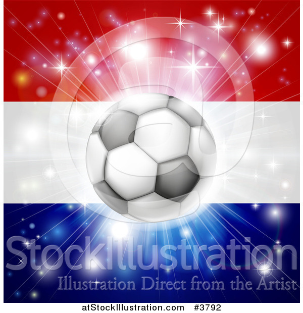 Vector Illustration of a Soccer Ball over a Netherlands Flag with Fireworks