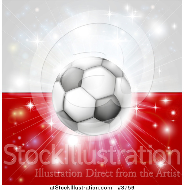 Vector Illustration of a Soccer Ball over a Poland Flag with Fireworks