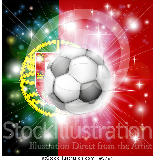 Vector Illustration of a Soccer Ball over a Portugal Flag with Fireworks