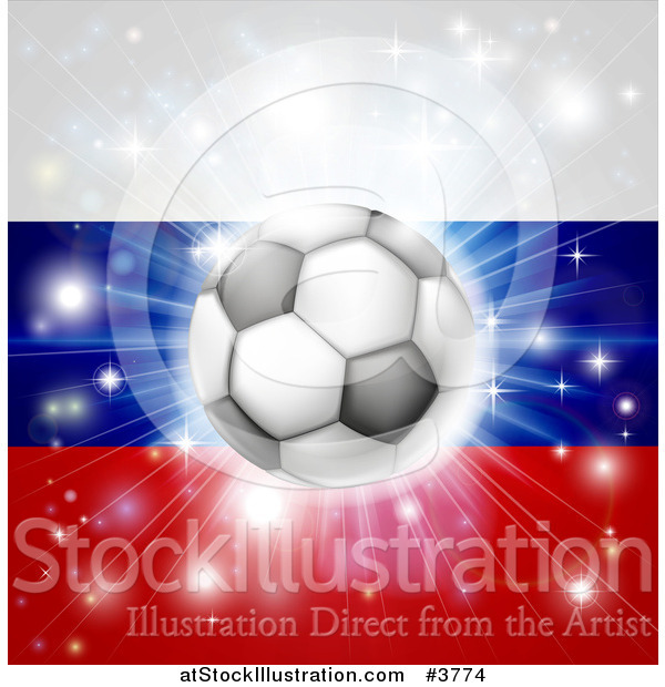 Vector Illustration of a Soccer Ball over a Russian Flag with Fireworks