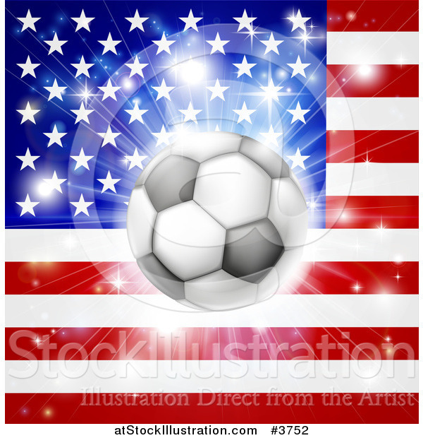 Vector Illustration of a Soccer Ball over an American Flag with Fireworks