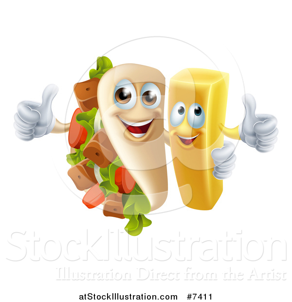 Vector Illustration of a Souvlaki Kebab Sandwich Mascot and French Fry Character Giving Thumbs up