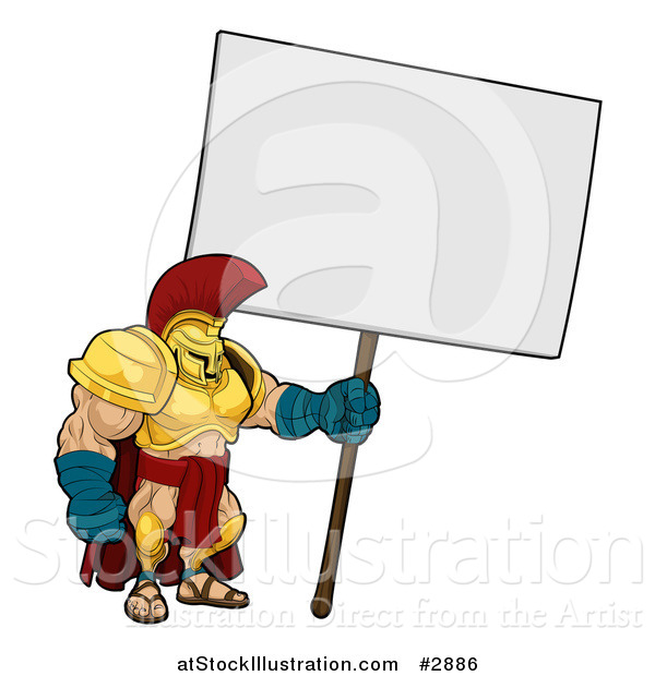 Vector Illustration of a Spartan Trojan Soldier Standing with a Blank Sign