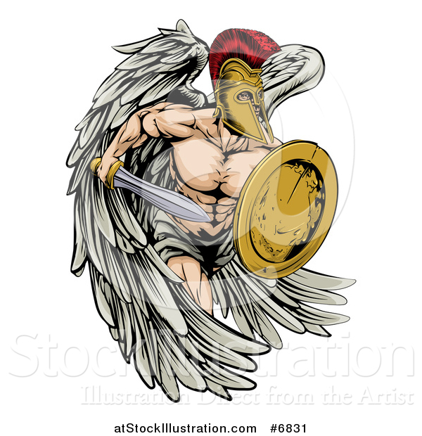 Vector Illustration of a Spartan Trojan Warrior Angel Running with a Sword and Shield