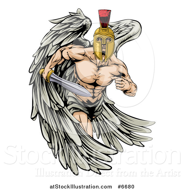 Vector Illustration of a Spartan Trojan Warrior Angel Running with a Sword