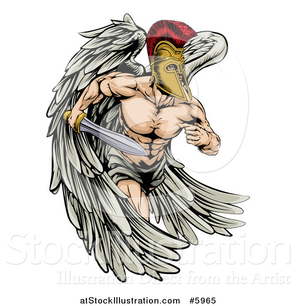 Vector Illustration of a Spartan Trojan Warrior Guardian Angel Running with a Sword