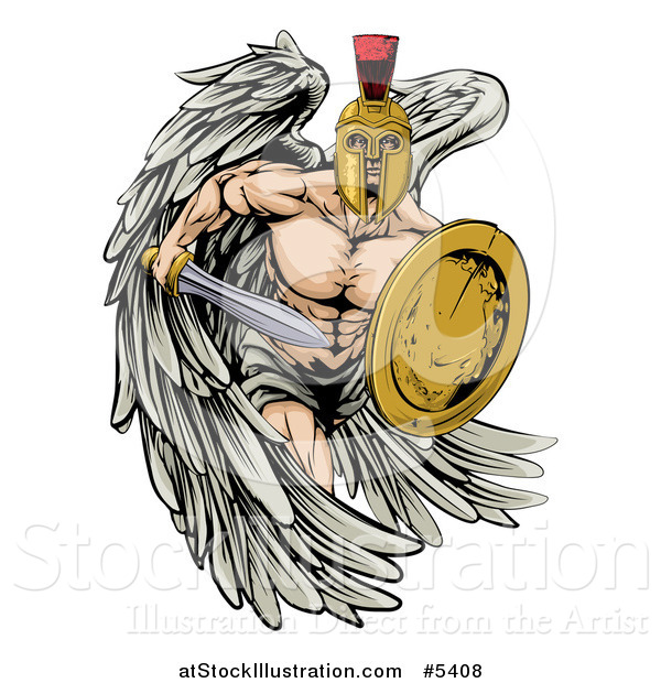 Vector Illustration of a Spartan Trojan Warrior Guardian Angel with a Sword and Shield