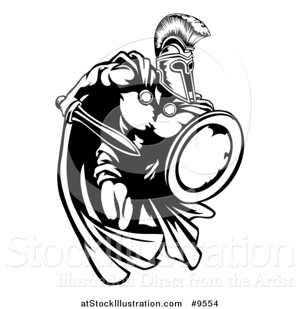 Vector Illustration of a Spartan Warrior Charging Forward with a Sword and Shield - Black and White Mascot Version